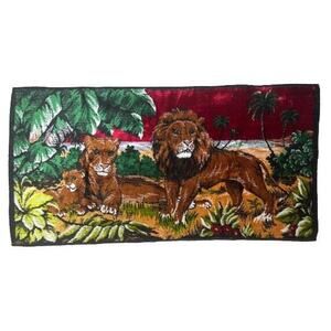 Vintage Mid Century Lion Family Large Carpet Wall Tapestry Morocco 19X38 Jungle